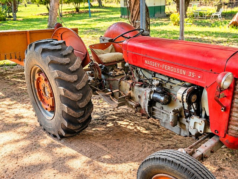 A vintage Massey Ferguson 35 tractor parked on a farm property, showcasing classic agricultural machinery in a rural outdoor setting.