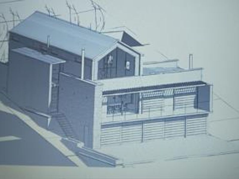 An architectural sketch illustrating the proposed design for a multi-level residential property, featuring a garage and balcony structure.