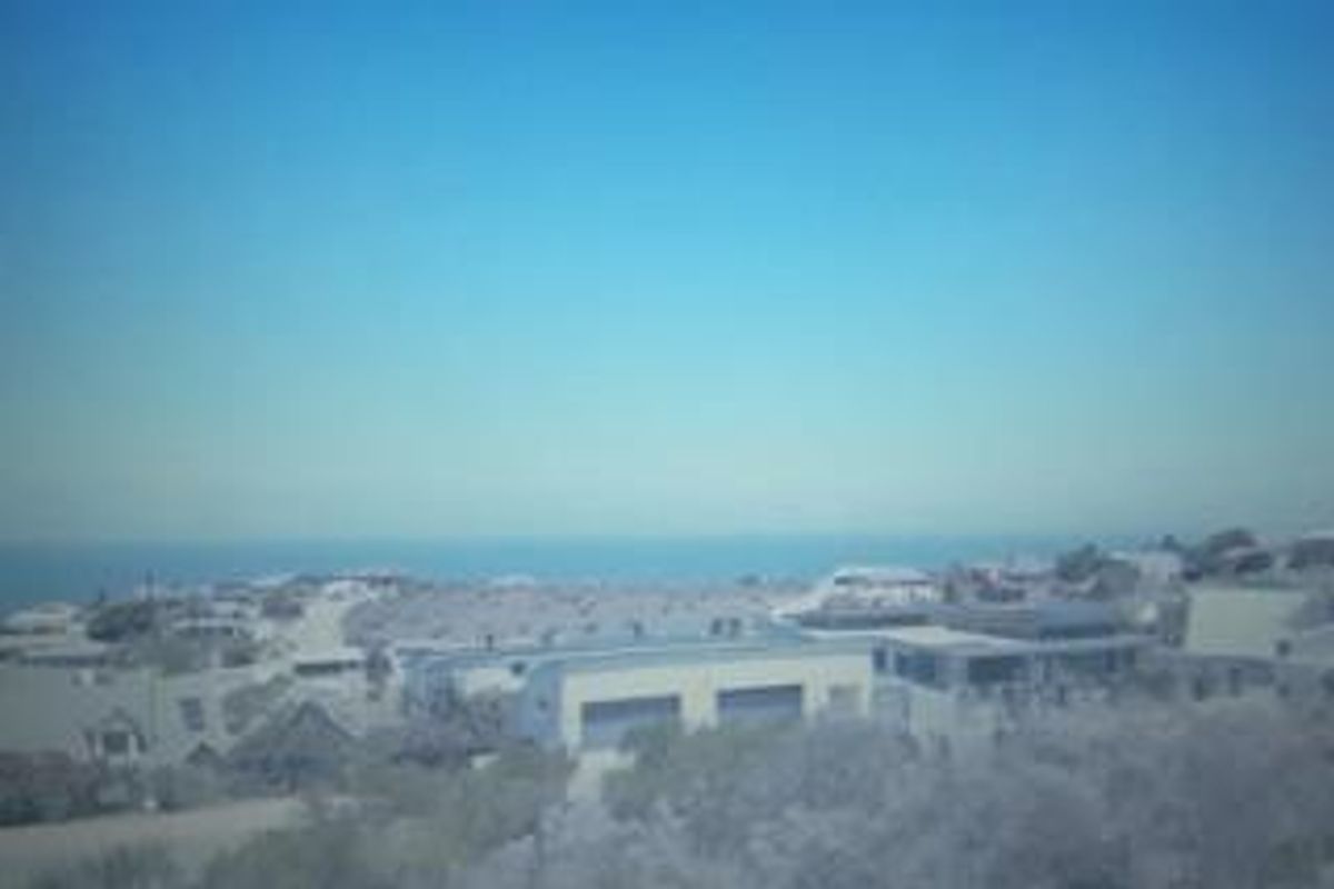 A distant elevated view of a coastal residential neighbourhood and the ocean horizon.