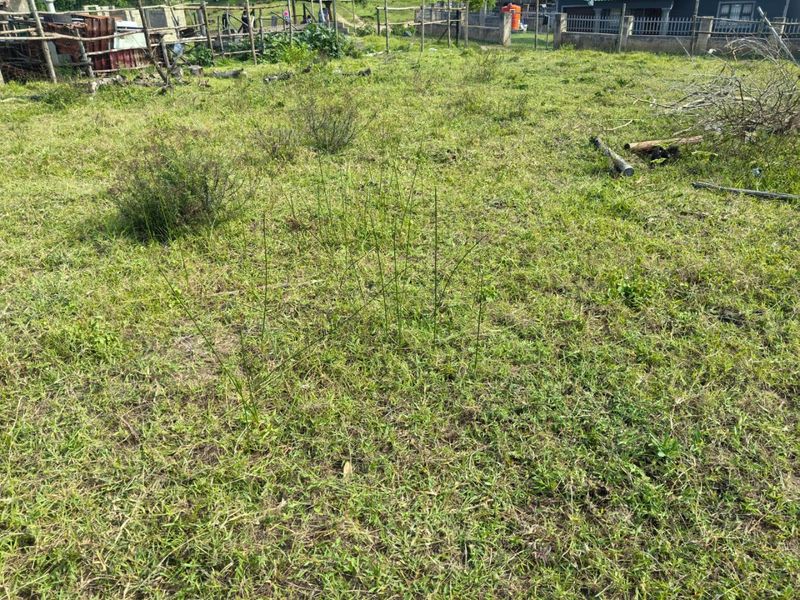 A view of a vacant residential plot featuring a grass lawn and perimeter wire fencing.