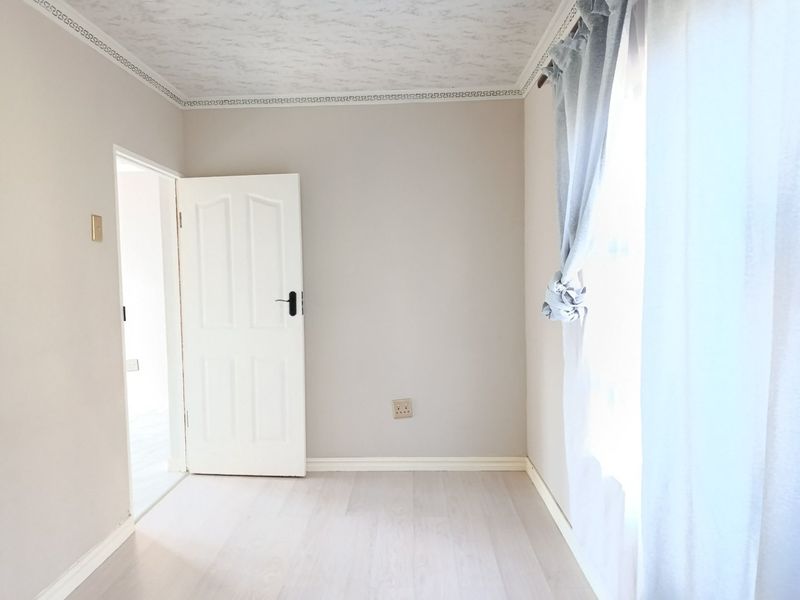 A bright, empty bedroom featuring light-toned laminate flooring, a textured ceiling with decorative cornice, and a neutral wall finish.