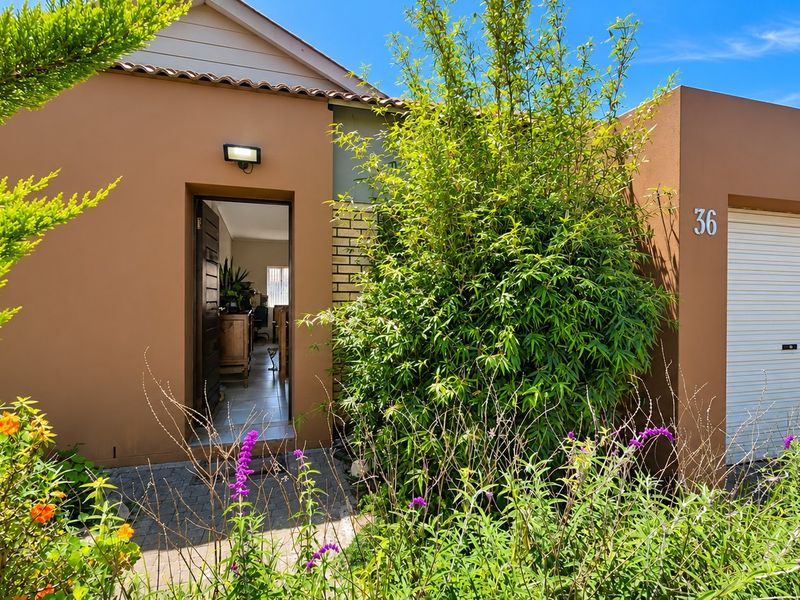 Front elevation of a residential property featuring a single garage with a roller door, paved entrance walkway, and established garden landscaping.