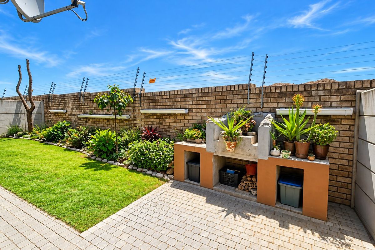 A well-maintained rear garden featuring a paved patio area, a built-in brick braai, and a secure perimeter wall with electric fencing.