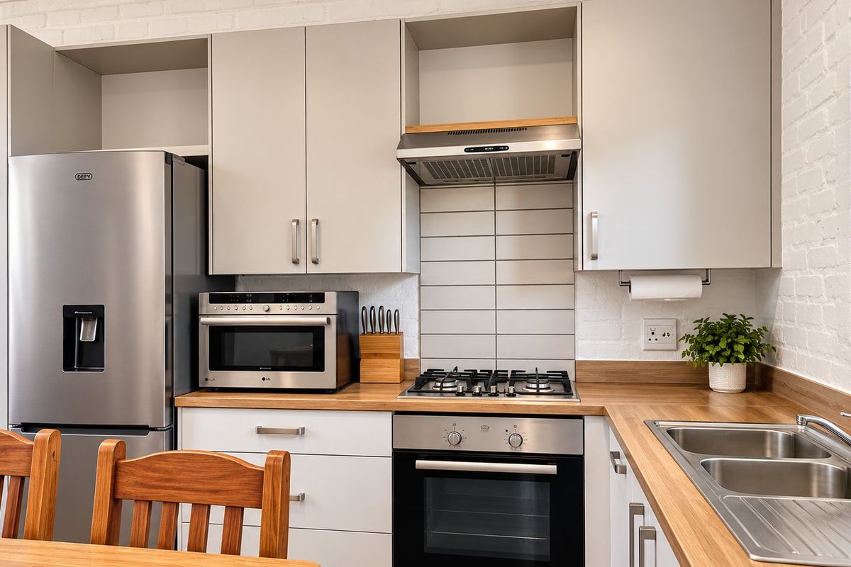 Modern kitchen featuring light grey cabinetry, wooden countertops, gas hob, electric oven, extractor fan, and a stainless steel sink against an exposed brick wall.