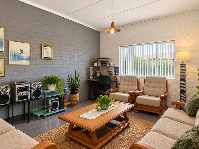 A comfortable living room featuring painted brick walls, tiled flooring, and large windows with vertical blinds, offering a bright and functional space.
