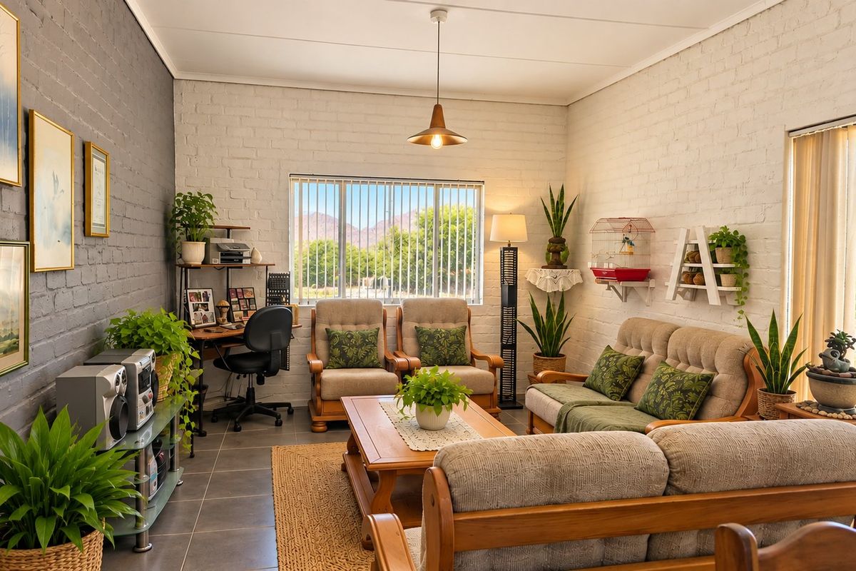 A comfortable living room featuring painted brick walls, tiled flooring, and large windows with vertical blinds, offering a bright and inviting atmosphere.