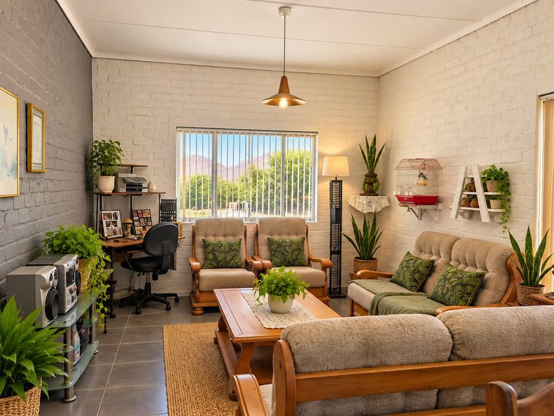 A comfortable living room featuring painted brick walls, tiled flooring, and large windows with vertical blinds, offering a bright and inviting atmosphere.