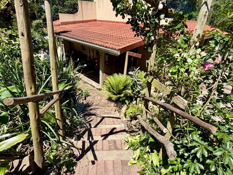 A view looking down a brick-paved staircase with timber handrails towards a covered patio area with terracotta roof tiles.