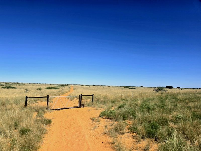 A view of a rural farm property featuring a dirt track, wire fencing, and a metal gate leading into the open veld.