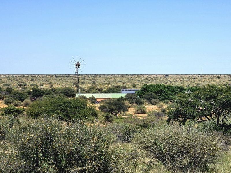 An aerial view of a rural farm property featuring a traditional windmill, solar panel installation, and surrounding natural bushveld landscape.