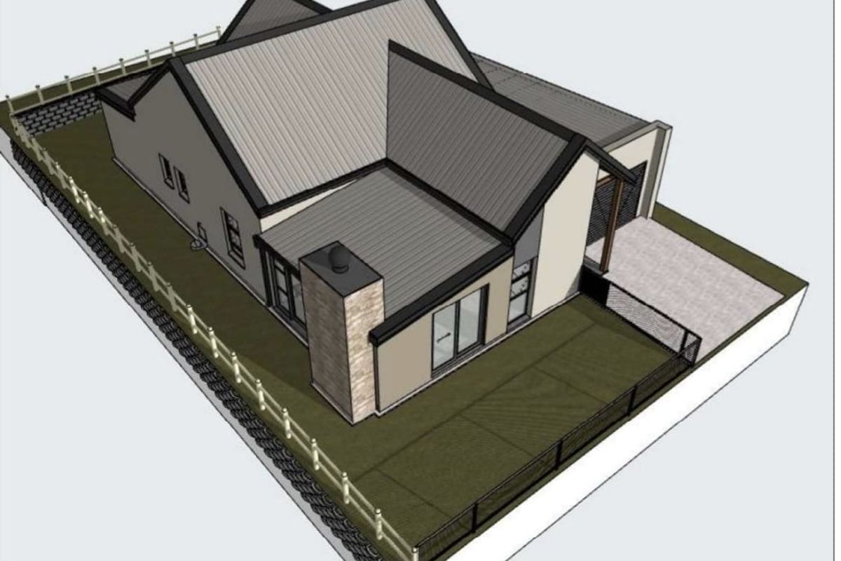 A 3D architectural rendering showing an aerial perspective of a residential house with a pitched roof, chimney, and surrounding fenced yard.
