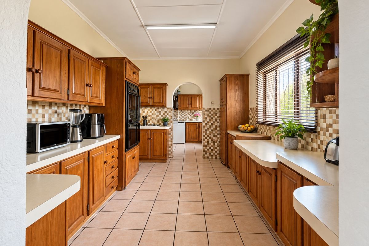 A spacious kitchen featuring traditional wooden cabinetry, tiled backsplash, and tiled flooring, with a functional layout and an archway leading to a secondary prep area.