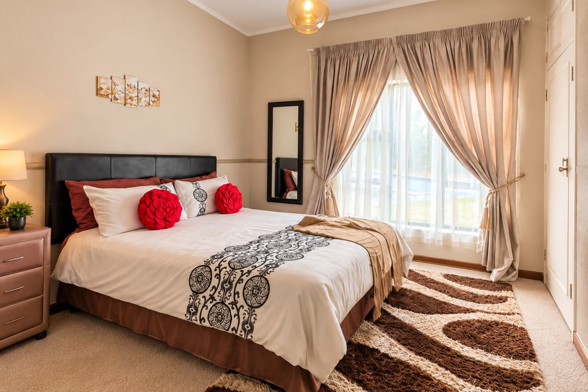 A well-maintained bedroom featuring neutral wall tones, carpeted flooring, a built-in cupboard, and a large window with elegant curtains.