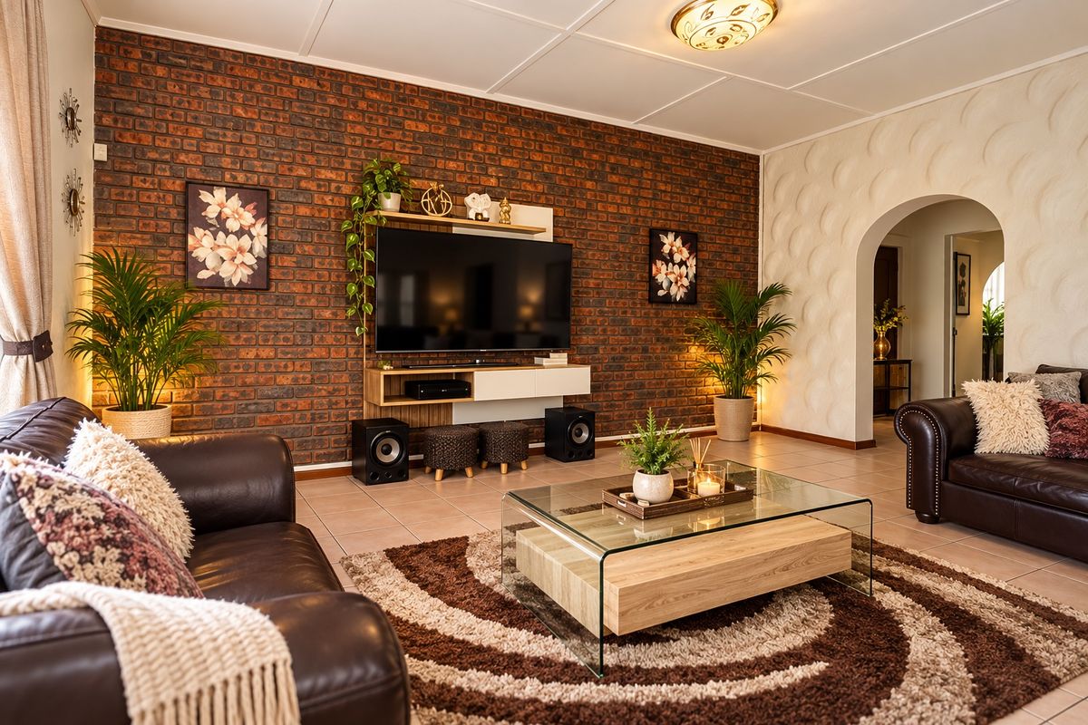 A well-maintained living room featuring a striking exposed brick feature wall, textured plaster accents, and an elegant arched entryway.