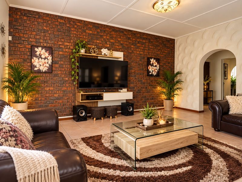 A well-maintained living room featuring a striking exposed brick feature wall, textured plaster accents, and an elegant arched entryway.