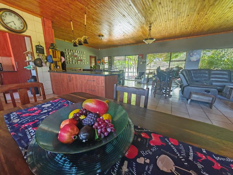 Spacious open-plan living and kitchen area featuring a timber ceiling, tiled floors, and a central kitchen island, offering a functional layout for family living.