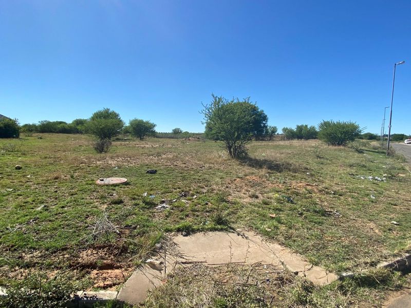 A vacant residential plot situated on a corner lot, featuring natural vegetation, street lighting, and direct access to the paved road.