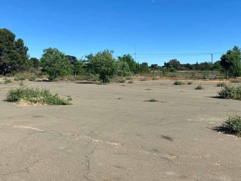 A vacant residential land plot featuring an expansive asphalt surface with scattered vegetation and clear boundary visibility.