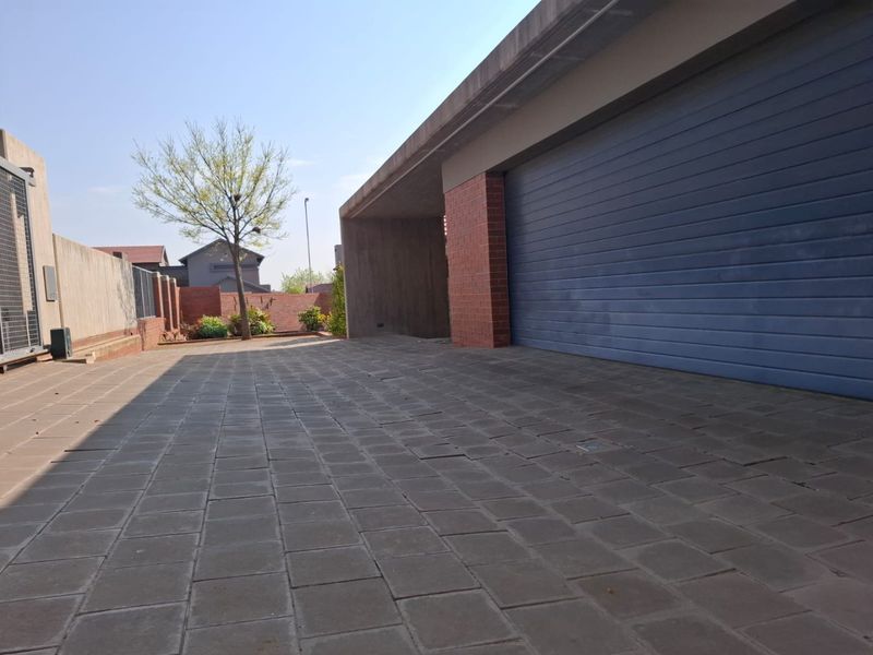 A paved driveway leading to a modern garage with a large roller door and concrete architectural detailing.
