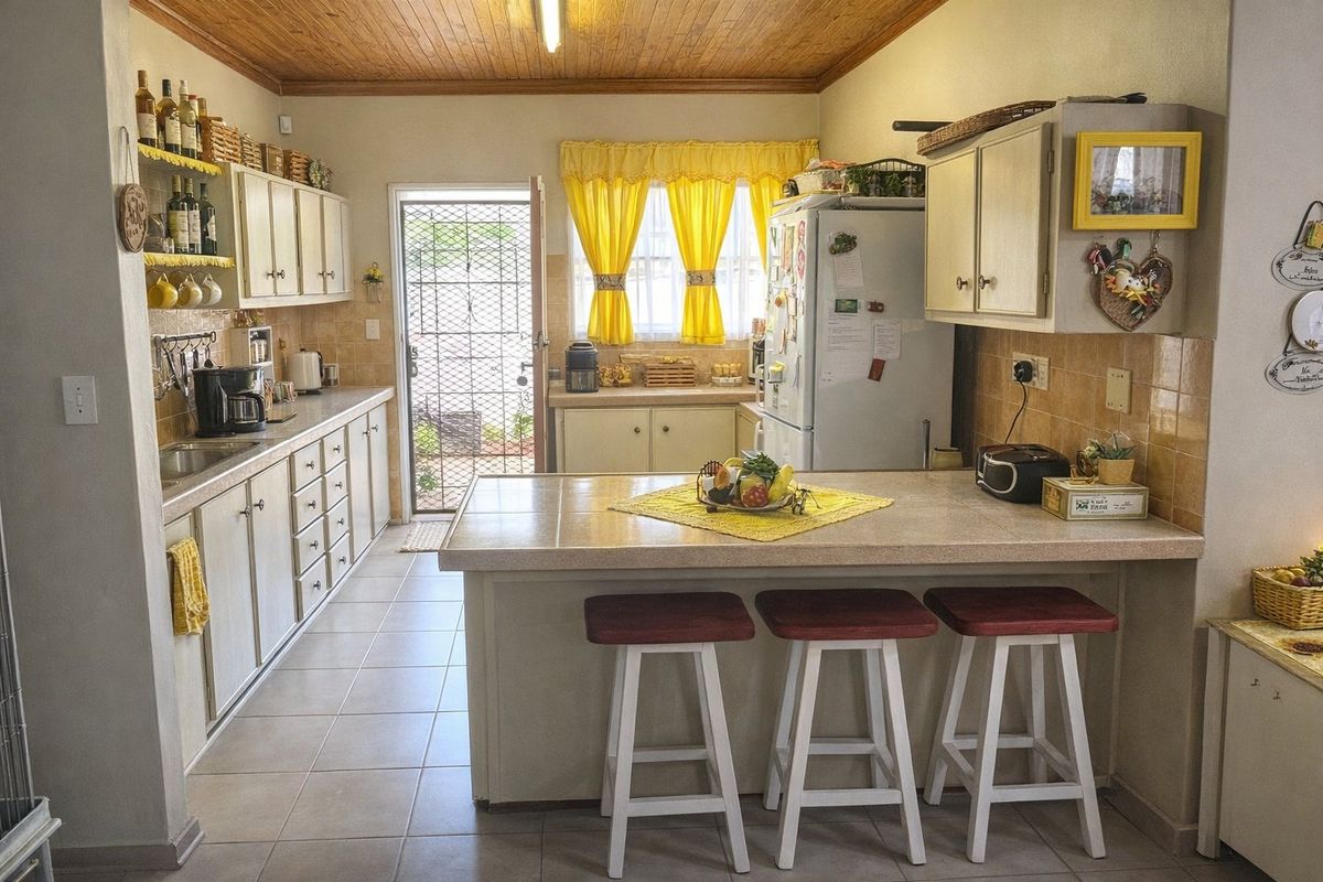 A functional kitchen featuring tiled countertops, ample built-in cabinetry, a double sink, and a distinctive timber ceiling with direct access to the exterior.