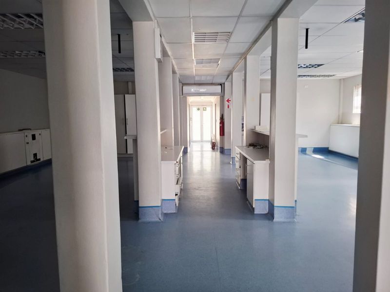 Spacious, open-plan commercial office area featuring durable vinyl flooring, suspended ceilings, built-in cabinetry, and integrated air conditioning.