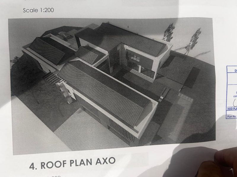 An axonometric roof plan diagram showing the architectural layout and roof structure of the proposed residential property.