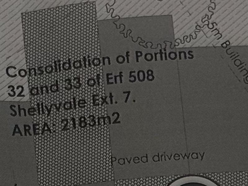 A site plan detail showing the consolidation of portions 32 and 33 of Erf 508 in Shellyvale Ext. 7, covering an area of 2183m2.