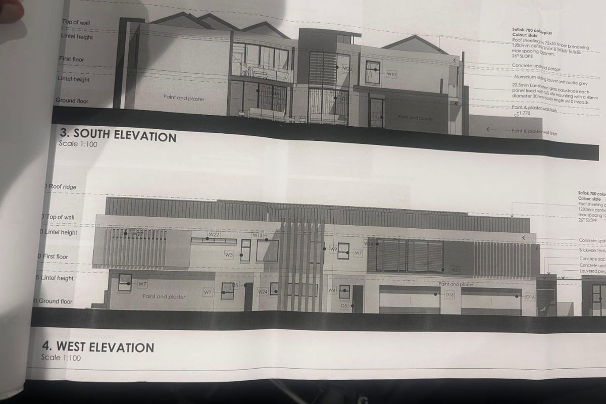 Architectural elevation drawings showing the proposed south and west facades of the residential property, including material specifications and structural details.