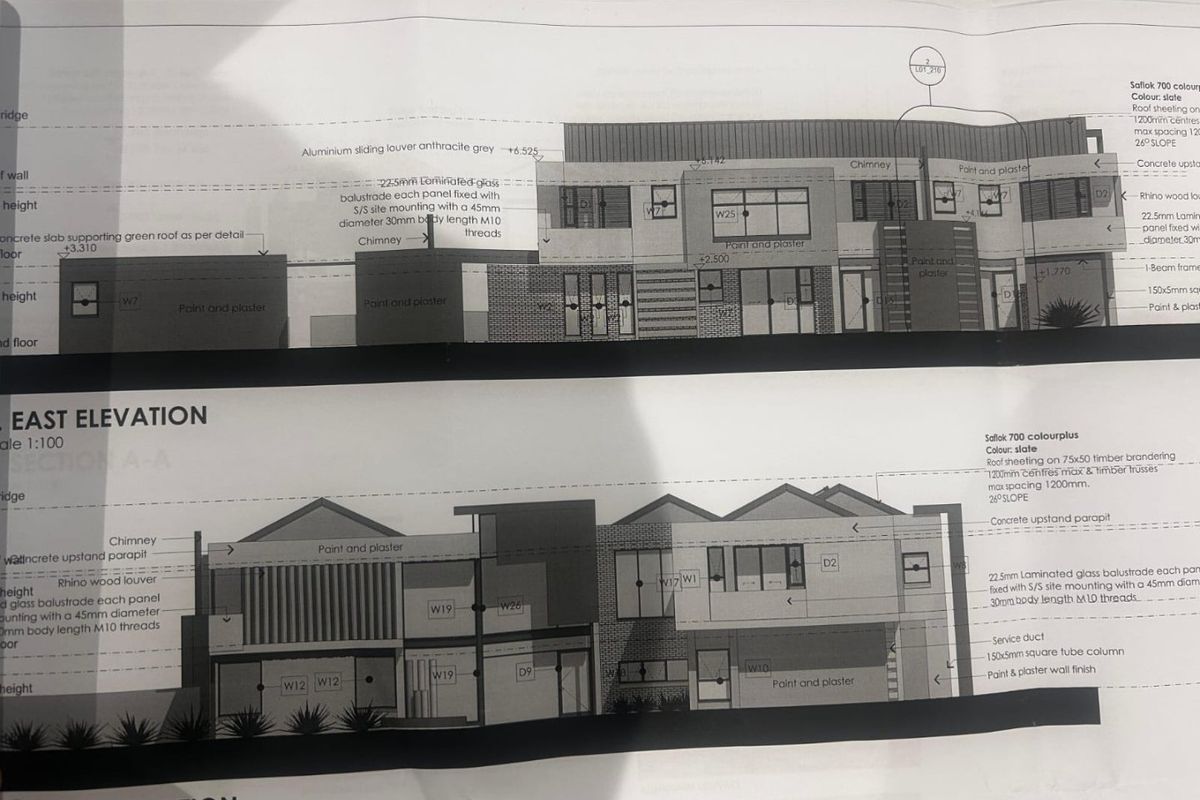 Architectural elevation drawings for the proposed residential property, detailing exterior finishes, roof structure, and balustrade specifications.