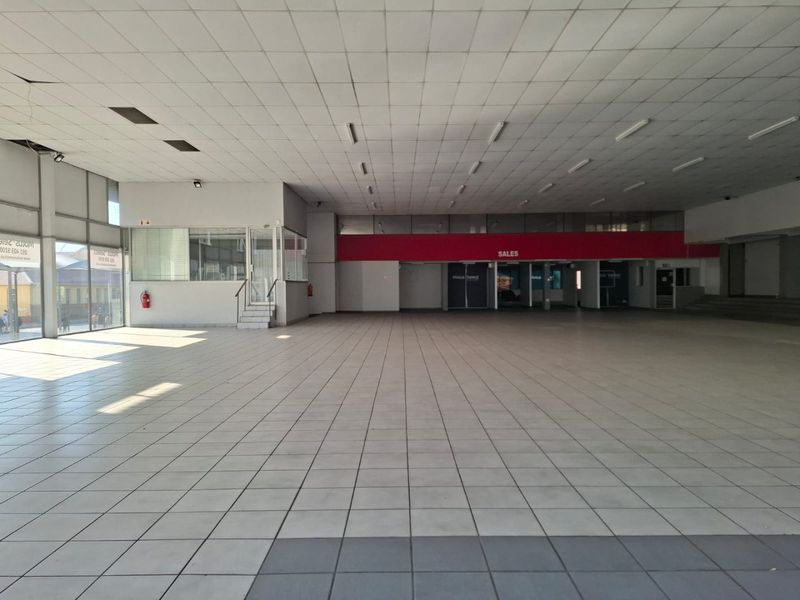 Spacious open-plan commercial showroom featuring large glass windows, tiled flooring, and a suspended ceiling, suitable for retail or office use.
