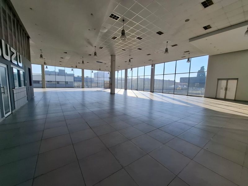 Spacious open-plan commercial showroom featuring large floor-to-ceiling windows, tiled flooring, and a suspended ceiling, offering excellent natural light and versatile layout potential.