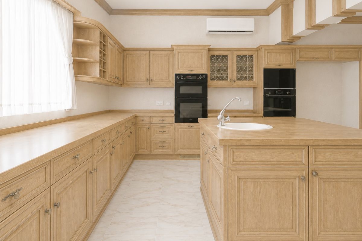 Spacious kitchen featuring light oak cabinetry, a central island with a sink, double wall ovens, and tiled flooring in a clean, well-maintained space.