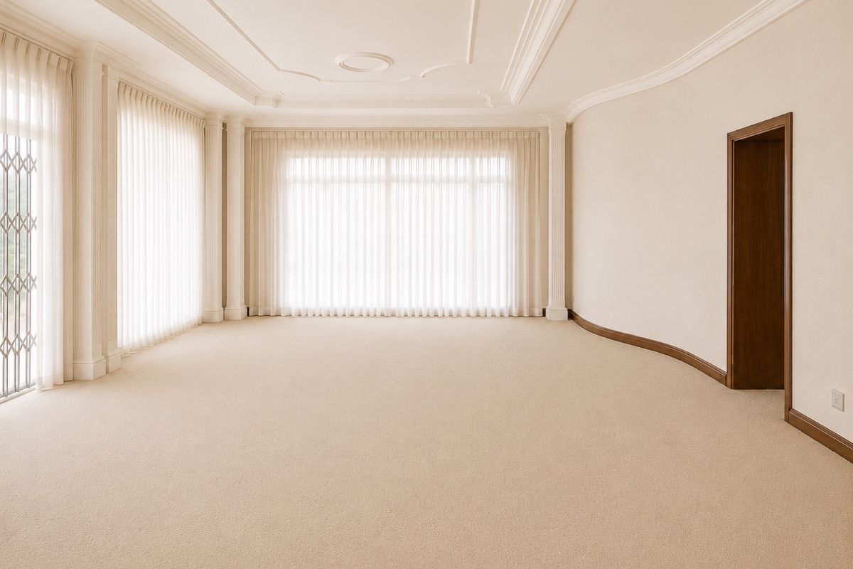 A spacious, empty living room featuring elegant ceiling molding, neutral carpeting, and large windows with integrated curtain tracks.