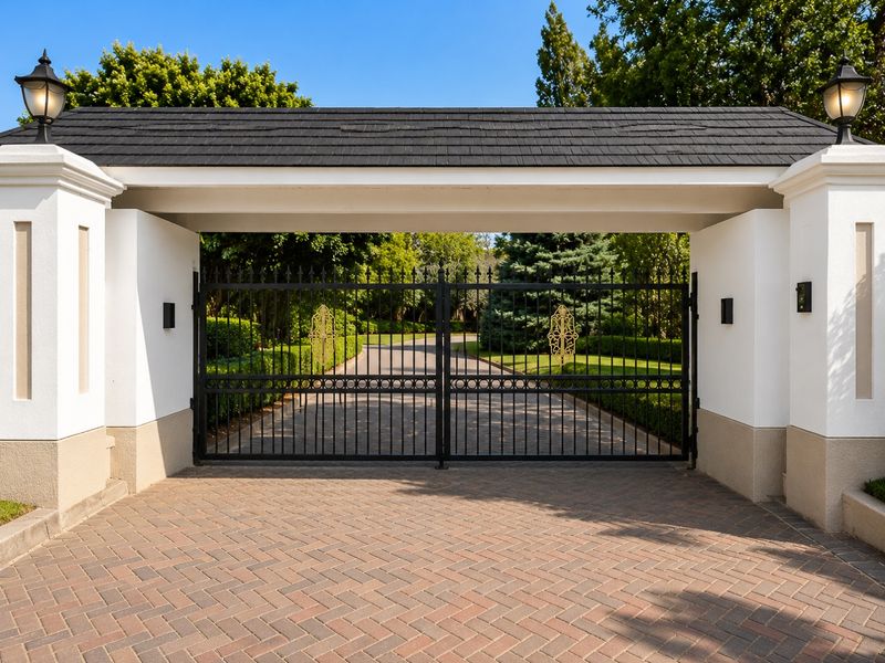 A secure, well-maintained entrance featuring a decorative wrought iron gate, brick paved driveway, and elegant pillar lighting under a covered canopy.