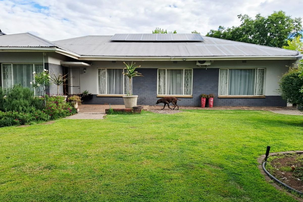 Rear view of a single-story house featuring a corrugated metal roof with solar panels, brick exterior walls, and a spacious lawn.