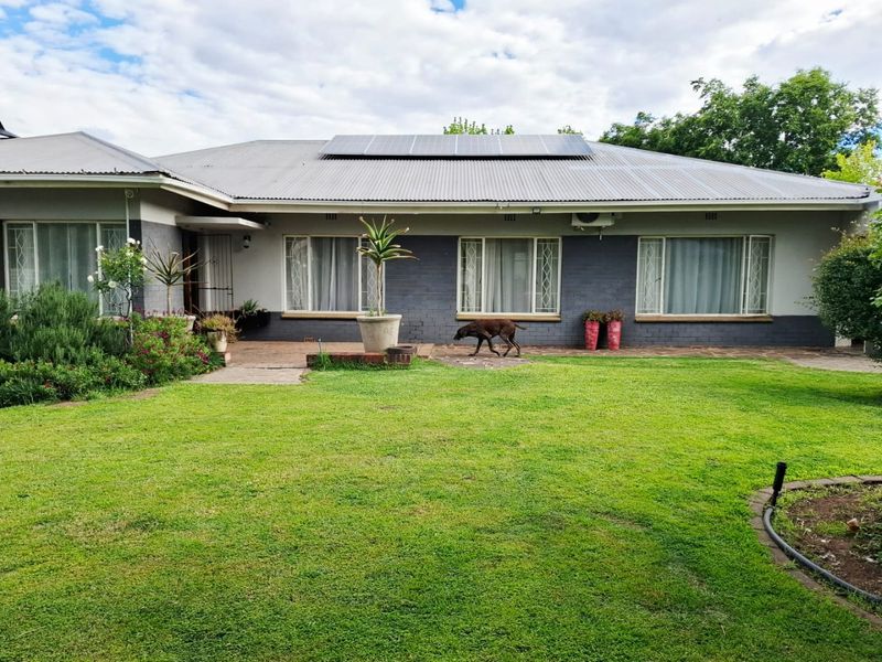 Rear view of a single-story house featuring a corrugated metal roof with solar panels, brick exterior walls, and a spacious lawn.