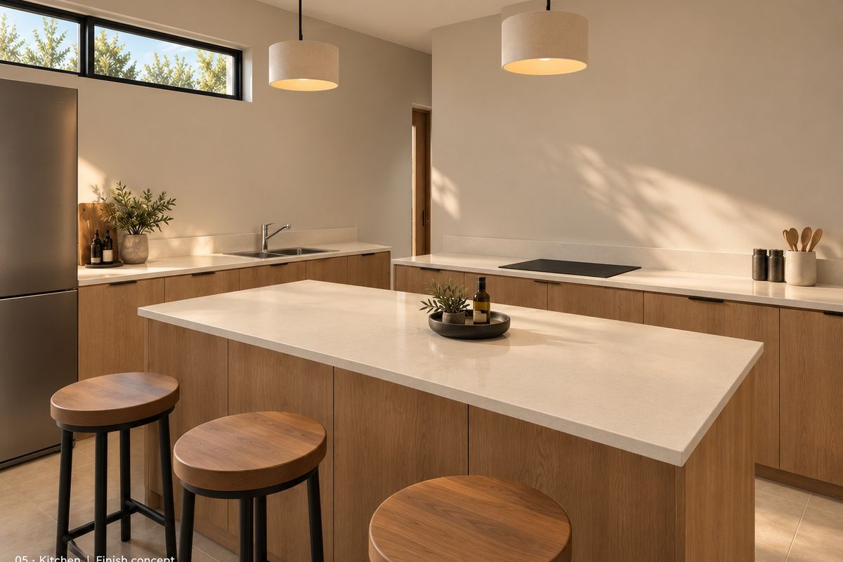 Modern kitchen featuring a central island with stone countertops, sleek wooden cabinetry, integrated cooktop, and contemporary pendant lighting in a bright, open space.