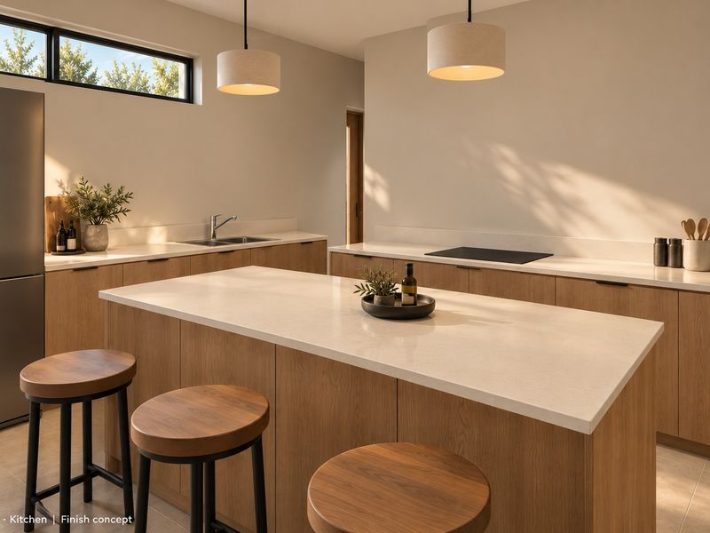 Modern kitchen featuring a central island with stone countertops, sleek wooden cabinetry, integrated cooktop, and contemporary pendant lighting in a bright, open space.