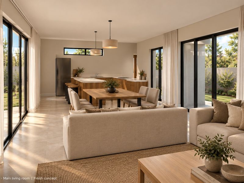 Spacious open-plan living and kitchen area featuring modern cabinetry, a central island, and large sliding glass doors providing seamless access to the garden.
