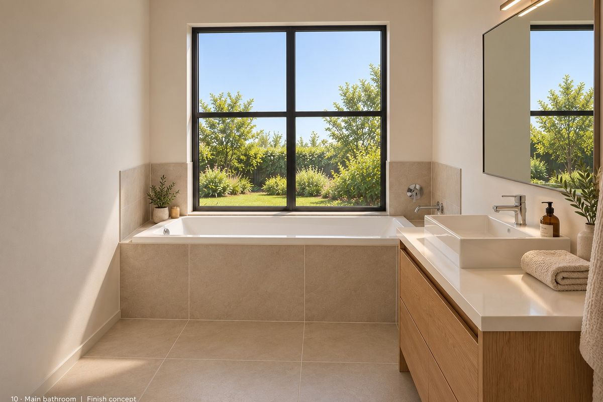 Modern bathroom featuring a built-in bathtub, sleek vanity with vessel sink, and large window overlooking the garden.