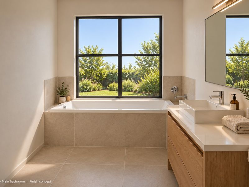 Modern bathroom featuring a built-in bathtub, sleek vanity with vessel sink, and large window overlooking the garden.