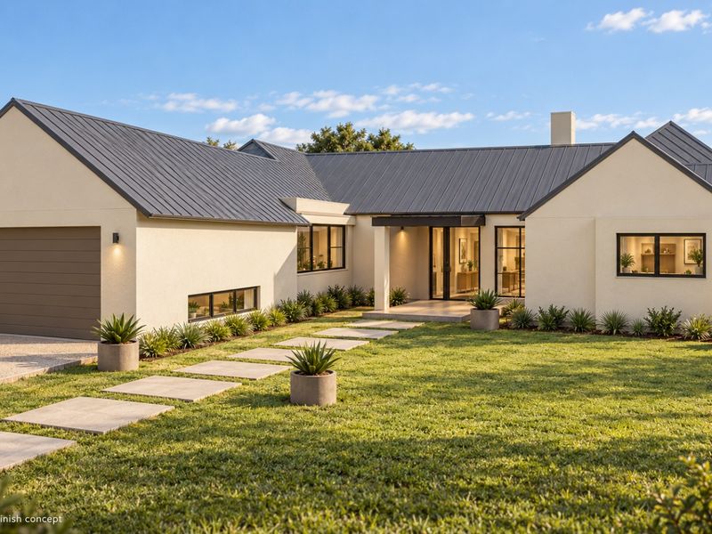 Modern single-story residence featuring a clean stucco facade, metal roof, double garage, and a well-manicured front lawn with a concrete paver walkway.