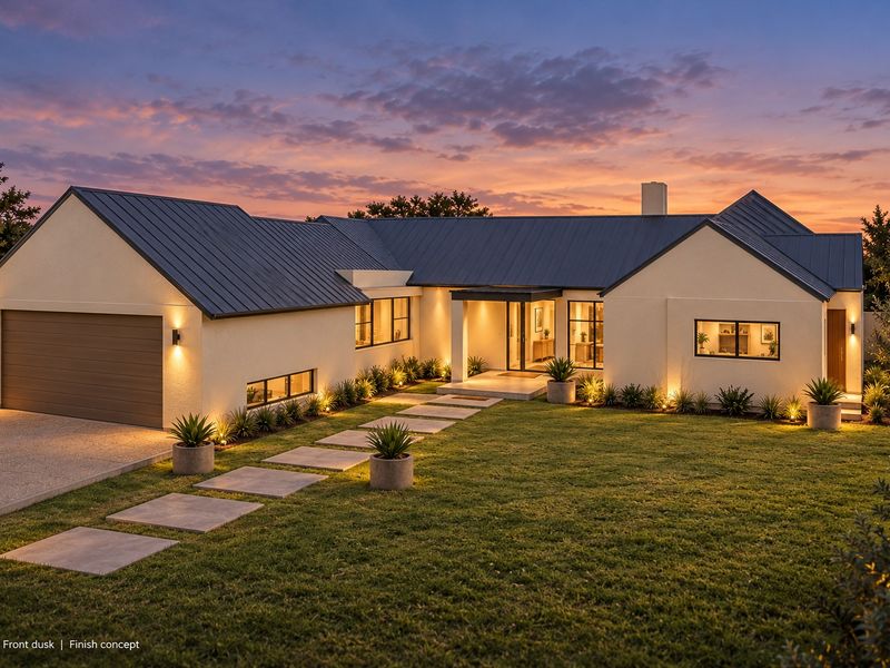 A modern single-story house exterior at dusk, featuring a metal roof, integrated garage, and illuminated paved walkway leading to the main entrance.