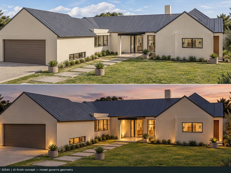 A modern single-story residence featuring a metal roof, integrated garage, and a landscaped front garden with a paved walkway leading to the entrance.