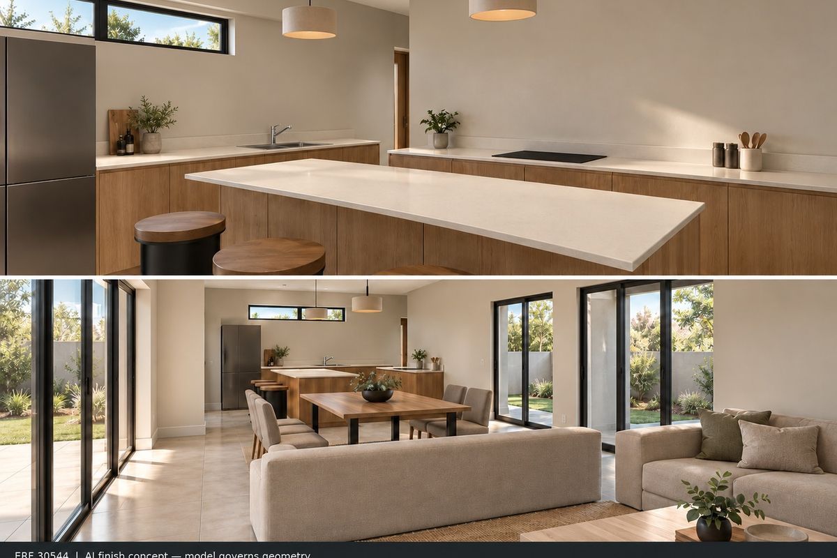 Modern open-plan living area featuring a sleek kitchen with stone countertops, integrated appliances, and large sliding doors opening to the garden.