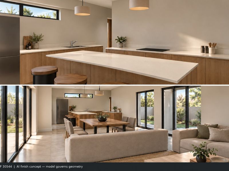 Modern open-plan living area featuring a sleek kitchen with stone countertops, integrated appliances, and large sliding doors opening to the garden.