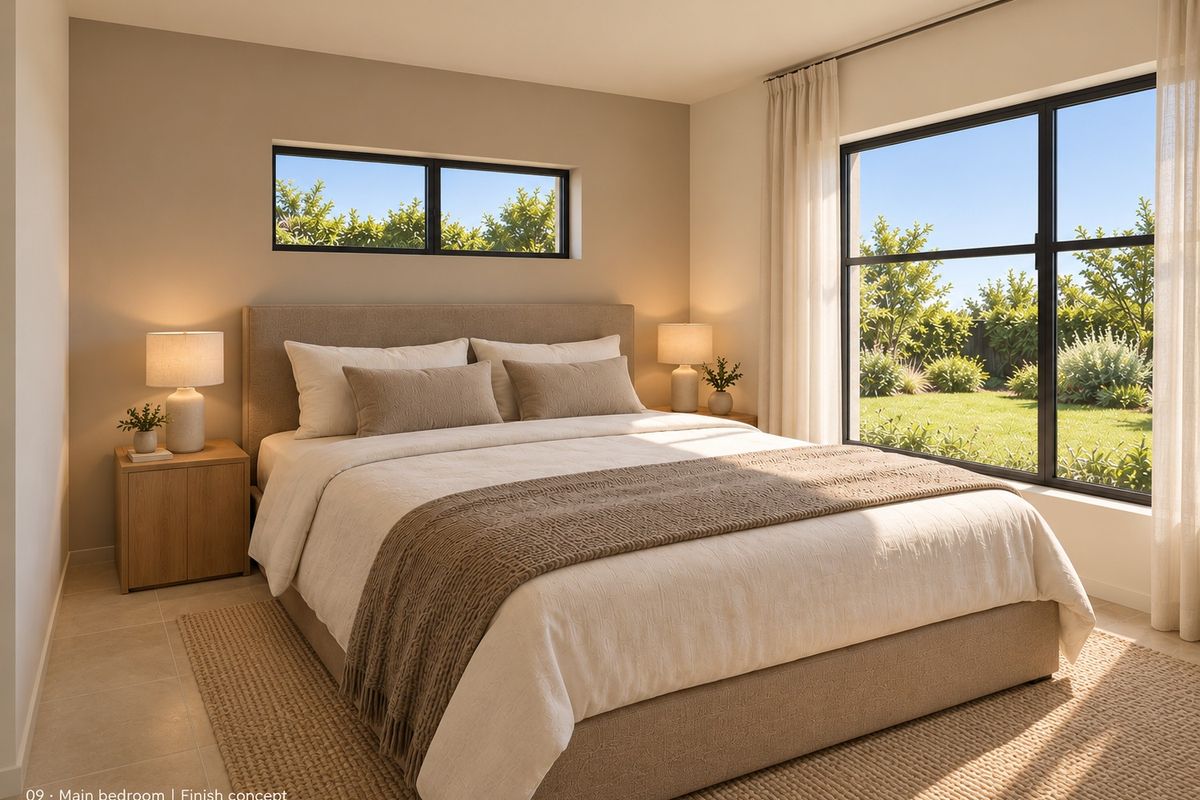 A bright and modern bedroom featuring large windows with garden views, neutral wall tones, and high-quality tiled flooring.