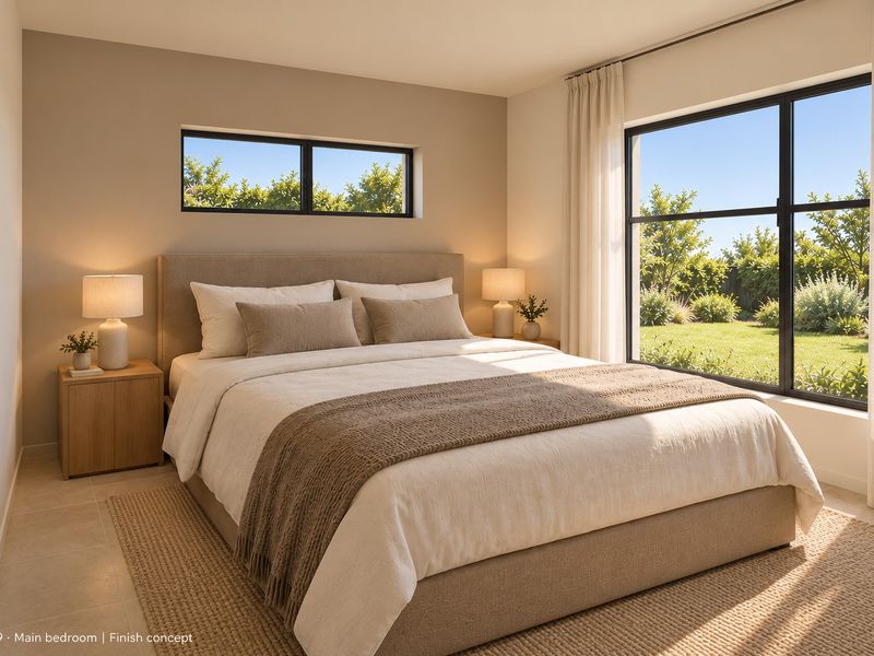 A bright and modern bedroom featuring large windows with garden views, neutral wall tones, and high-quality tiled flooring.