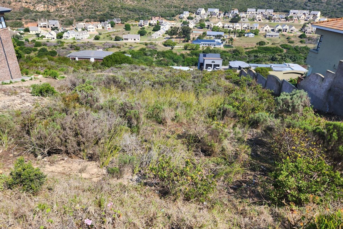 A sloped vacant residential plot featuring natural coastal vegetation with expansive views over the surrounding estate and neighborhood.