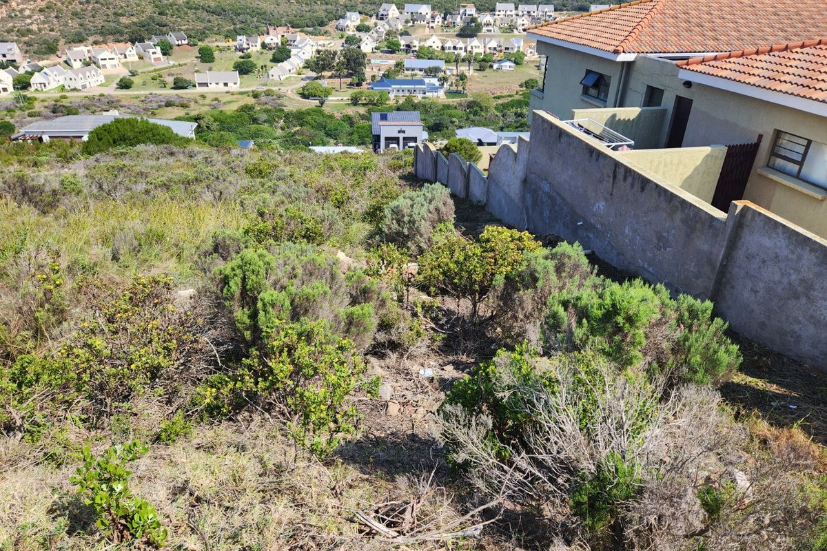 An elevated view of a vacant residential plot featuring natural vegetation, adjacent to an existing property with a boundary wall and tiled roof.